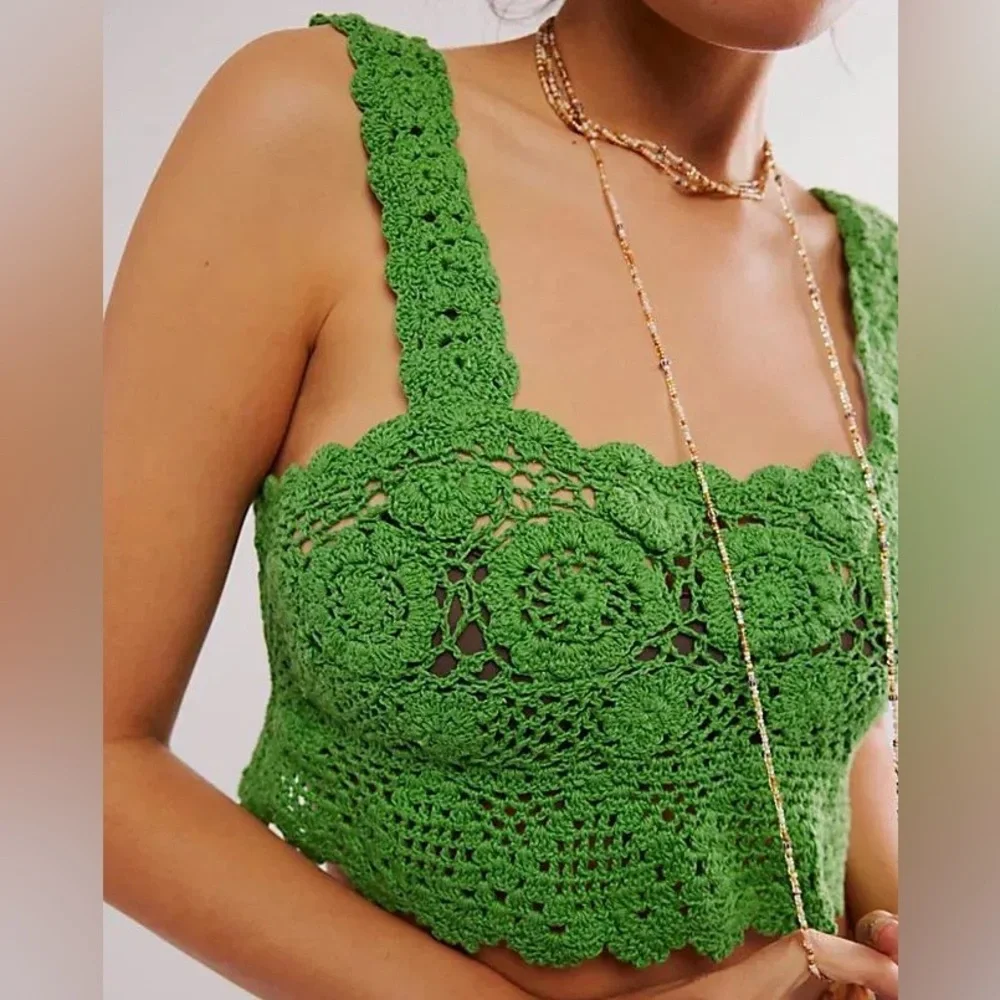 Free People Lost In Your Eyes Top Green Crochet